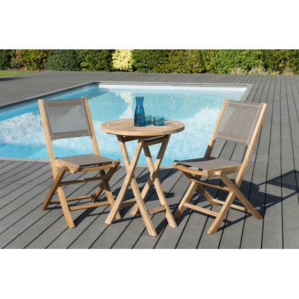 Salon de jardin en bois teck 2 pers - Table ronde 60 cm et 2 chaises taupe