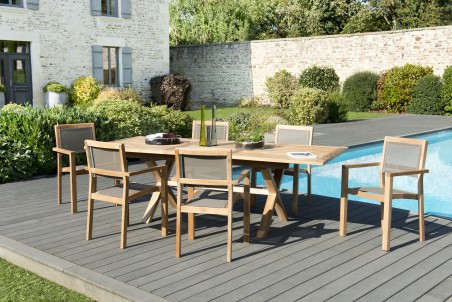 Salon de jardin bois teck 8/10 pers - Table rect. extensible - 6 fauteuils textilène taupe