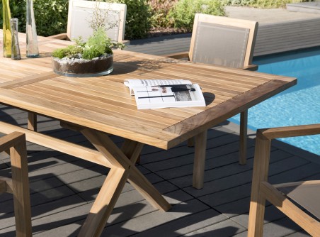 Salon de jardin bois teck 8/10 pers - Table rect. extensible - 6 fauteuils textilène taupe