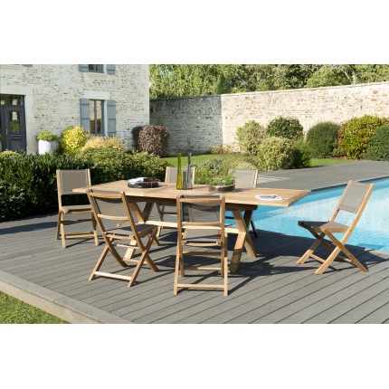 Salon de jardin bois teck 8/10 pers - Table rect. extensible 180*240 cm - 6 chaises taupe