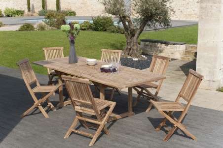 Salon de jardin en bois teck 8/10 pers - Table rectangulaire extensible