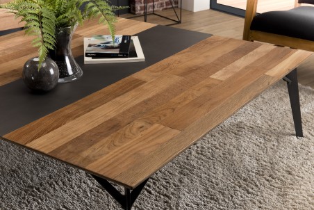 Table basse carrée MAXENCE 120x120cm bois teck recyclé métal noir