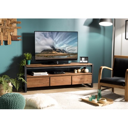 SIXTINE Brown TV Stand with 3 Drawers and 1 Shelf - Recycled Teak and Black Metal