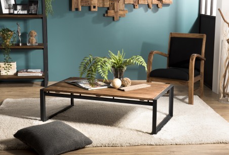 SIXTINE Rectangular Coffee Table 120x70cm Teak Recycled Top Black Metal Legs