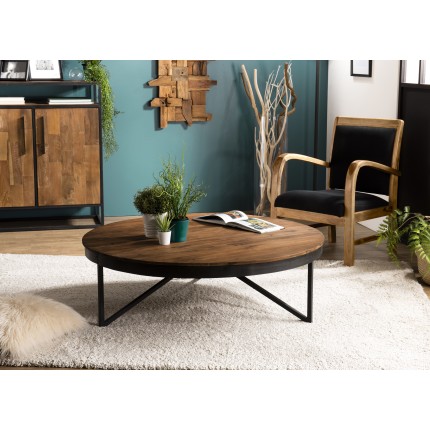 Table basse ronde marron 110x110cm en teck recyclé