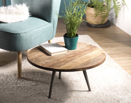 SIXTINE Round Brown Side Table 55x55cm - Recycled Teak with Metal Legs