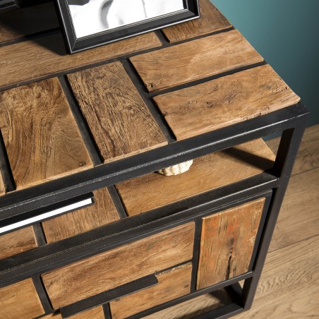 SIXTINE TV Stand - Recycled Teak Metal Black 3 Drawers 1 Shelf