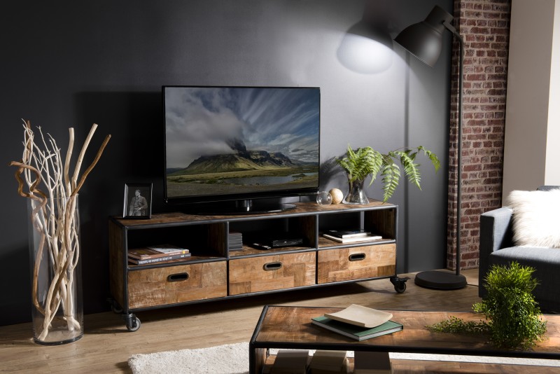 Meuble TV SIXTINE à roulettes marron 3 tiroirs 3 niches Meuble TV SIXTINE à roulettes marron 3 tiroirs 3 niches