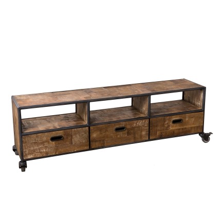 Meuble TV SIXTINE à roulettes marron 3 tiroirs 3 niches
