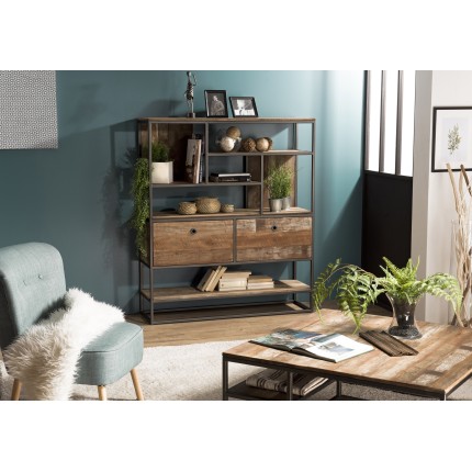 SIXTINE Brown Shelf with 2 Drawers and 7 Niches - Recycled Teak & Acacia Mahogany