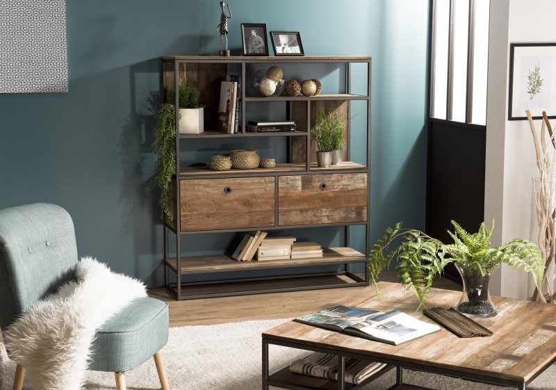 Étagère marron SIXTINE 2 tiroirs 7 niches Teck recyclé