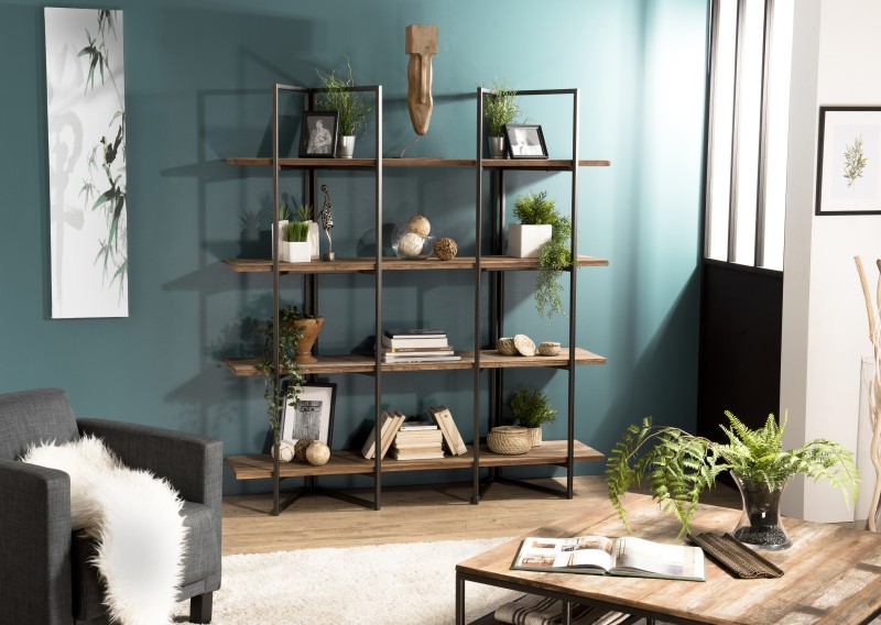 SIXTINE Brown Shelf with 4 Levels - Recycled Teak, Acacia, Mahogany, Black Metal SIXTINE Brown Shelf with 4 Levels - Recycled Teak, Acacia, Mahogany, Black Metal