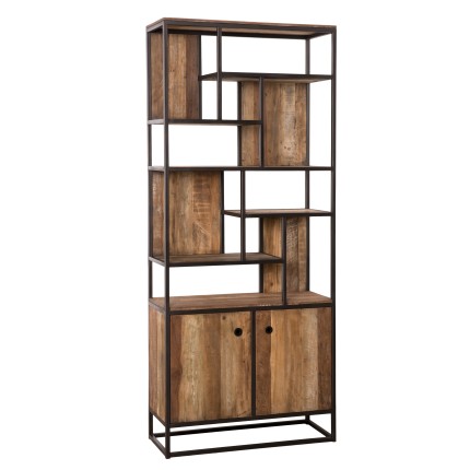 SIXTINE Tall Bookcase with 2 Doors and 10 Open Spaces - Recycled Teak, Acacia Mahogany, Metal
