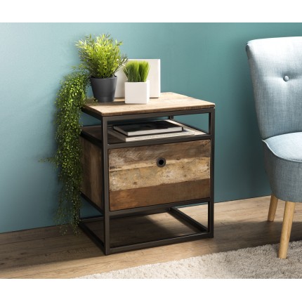 Table chevet d'appoint SIXTINE - Teck recyclé et métal noir