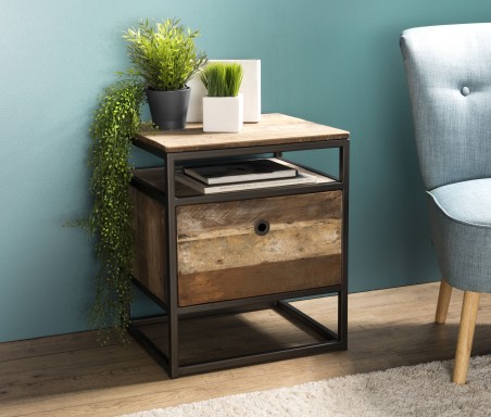 Table chevet d'appoint SIXTINE - Teck recyclé et métal noir