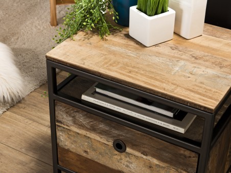 Table chevet d'appoint SIXTINE - Teck recyclé et métal noir