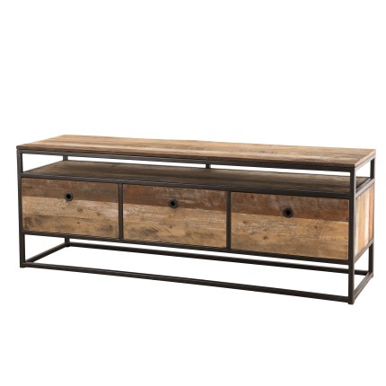 SIXTINE Brown TV Stand with 3 Drawers - Recycled Teak & Metal | 150x40x55 cm