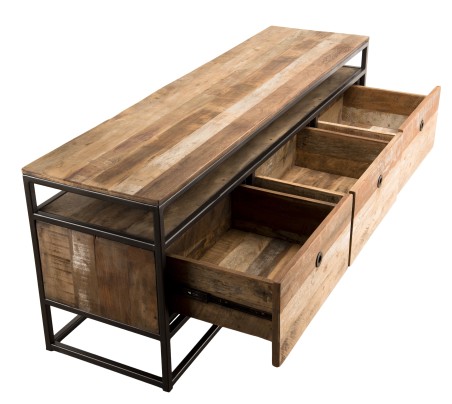 SIXTINE Brown TV Stand with 3 Drawers - Recycled Teak & Metal | 150x40x55 cm