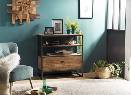 SIXTINE Brown Shelf with 1 Drawer - Recycled Teak Acacia Mahogany and Black Metal