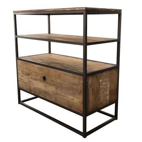 SIXTINE Brown Shelf with 1 Drawer - Recycled Teak Acacia Mahogany and Black Metal