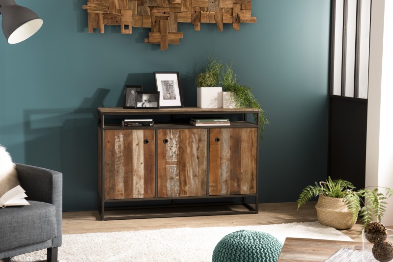 SIXTINE Brown Buffet 3 Doors 1 Shelf Recycled Teak Acacia Mahogany Metal