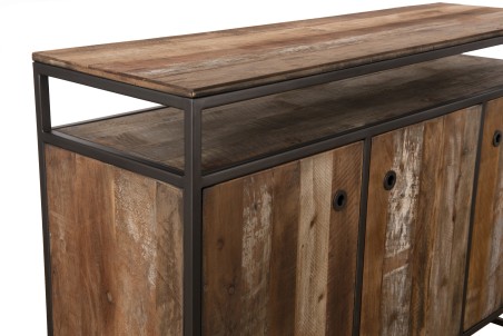 SIXTINE Brown Buffet 3 Doors 1 Shelf Recycled Teak Acacia Mahogany Metal