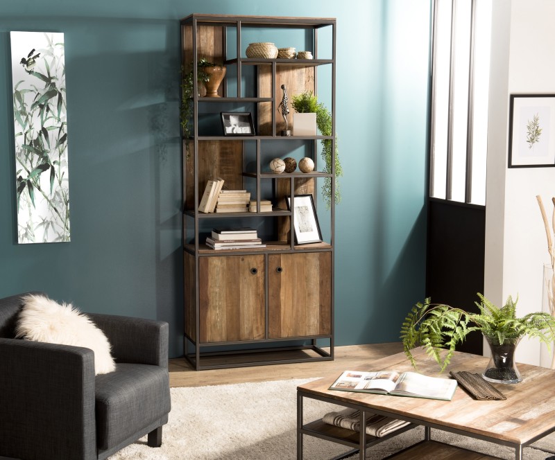 SIXTINE Tall Bookcase with 2 Doors and 10 Open Spaces - Recycled Teak, Acacia Mahogany, Metal