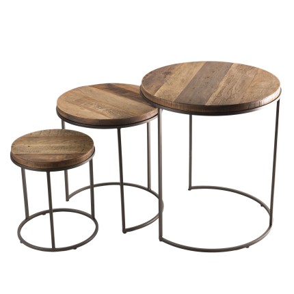 SIXTINE Set of 3 Round Brown Side Tables - Recycled Teak Acacia Mahogany Black Metal Legs