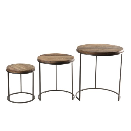 SIXTINE Set of 3 Round Brown Side Tables - Recycled Teak Acacia Mahogany Black Metal Legs