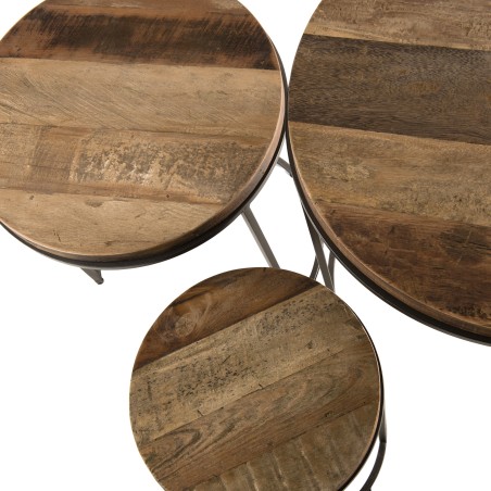 Set de 3 tables d'appoint rondes marrons en teck recyclé