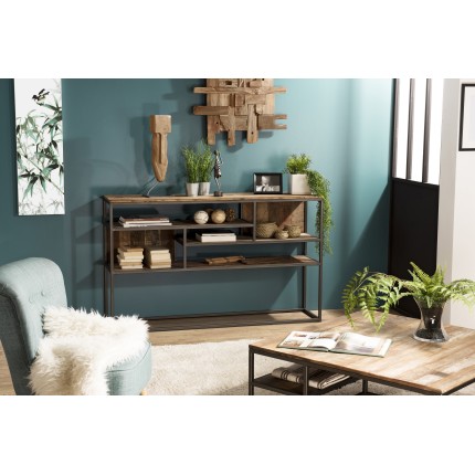 SIXTINE Console Brown 4 Levels Recycled Teak Acacia Mahogany Metal Black