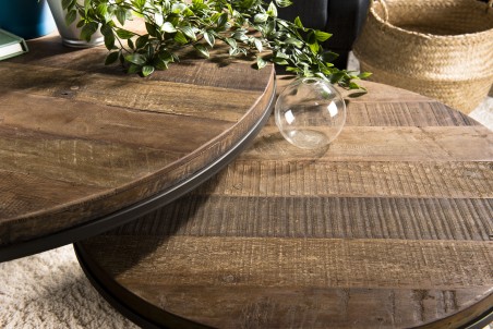 Set 2 tables basses gigognes rondes Teck Acacia Mahogany métal noir