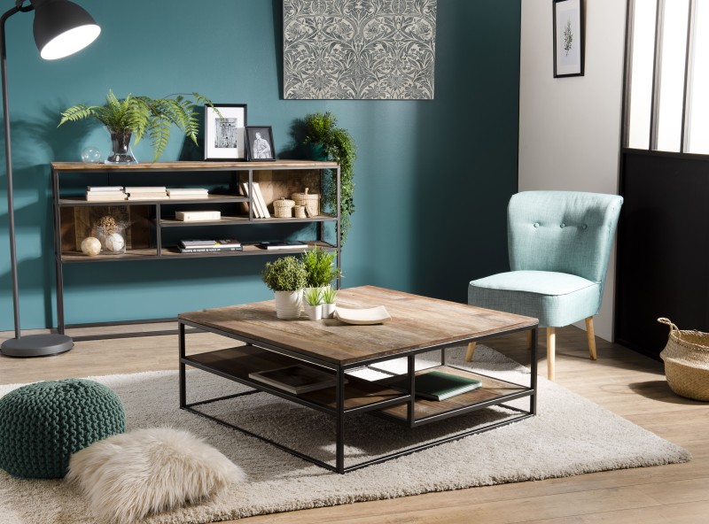 SIXTINE Square Coffee Table with Shelves 100x100cm - Recycled Teak, Acacia Mahogany, Black Metal SIXTINE Square Coffee Table with Shelves 100x100cm - Recycled Teak, Acacia Mahogany, Black Metal