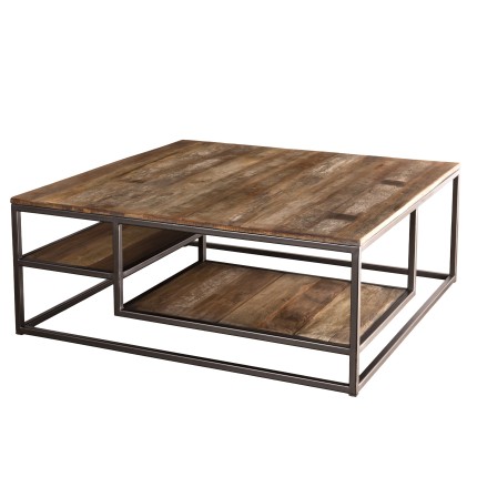 SIXTINE Square Coffee Table with Shelves 100x100cm - Recycled Teak, Acacia Mahogany, Black Metal