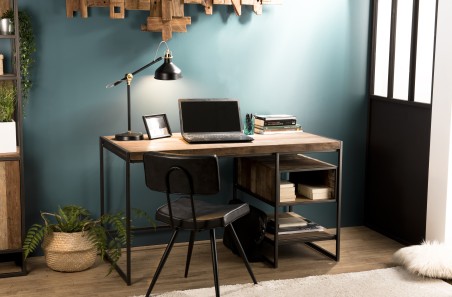 SIXTINE Brown Desk with 1 Compartment and 1 Shelf - Recycled Teak, Acacia Mahogany, Black Metal