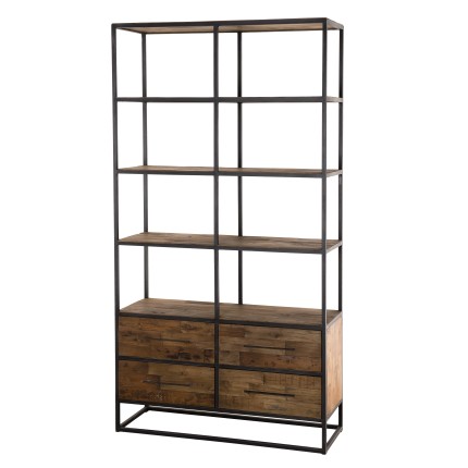 SIXTINE - Brown 4 Tier 4 Drawer Recycled Teak and Black Metal Shelf