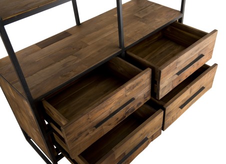 SIXTINE - Brown 4 Tier 4 Drawer Recycled Teak and Black Metal Shelf