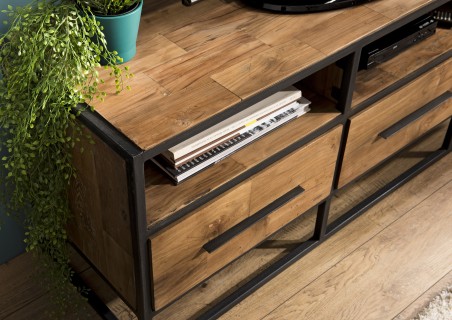 Meuble TV SIXTINE en teck recyclé et métal noir