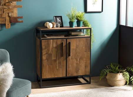 SIXTINE - Brown Buffet 2 Doors 1 Shelf Teak Recycled Black Metal
