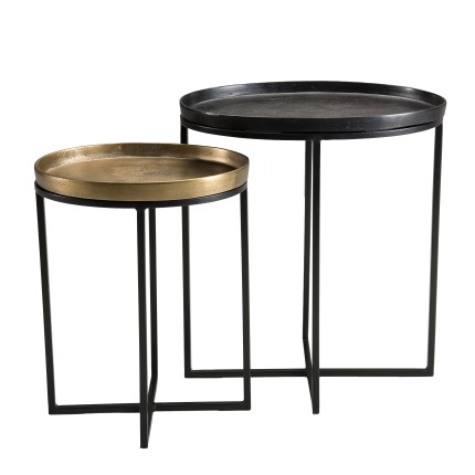 JOHAN - Set of 2 Oval Side Tables Gold and Black Aluminum - Black Metal Legs