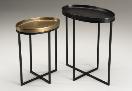 JOHAN - Set of 2 Oval Side Tables Gold and Black Aluminum - Black Metal Legs