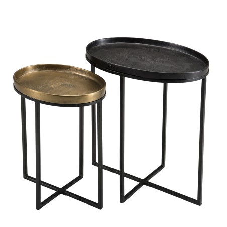 JOHAN - Set of 2 Oval Side Tables Gold and Black Aluminum - Black Metal Legs