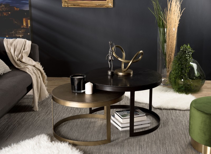Set de 2 tables gigognes JOHAN - Aluminium noir doré - Salon moderne Set de 2 tables gigognes JOHAN - Aluminium noir doré - Salon moderne