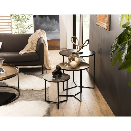 JOHAN - Set of 3 Round Nesting Tables in Black and Silver Gold Aluminum