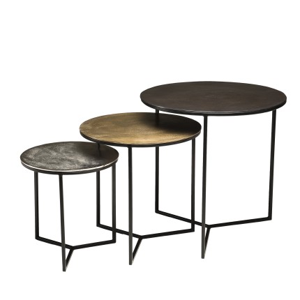 Set de 3 tables gigognes rondes JOHAN - Aluminium noir doré argenté