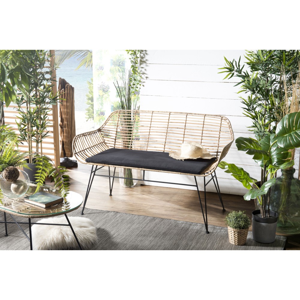 CAMILLE - 2 Seater Natural Rattan Sofa with Black Cushion