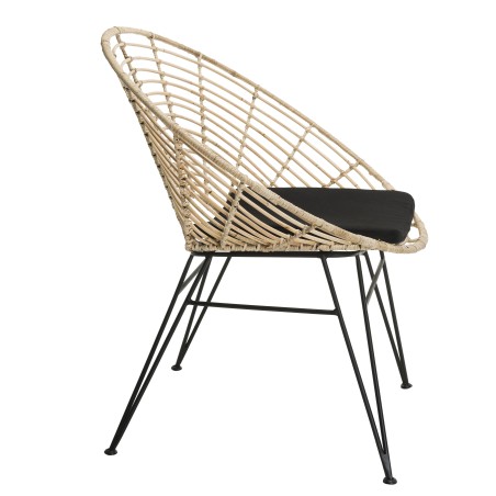 Fauteuil rotin naturel CAMILLE - Coussin noir - Pieds métal