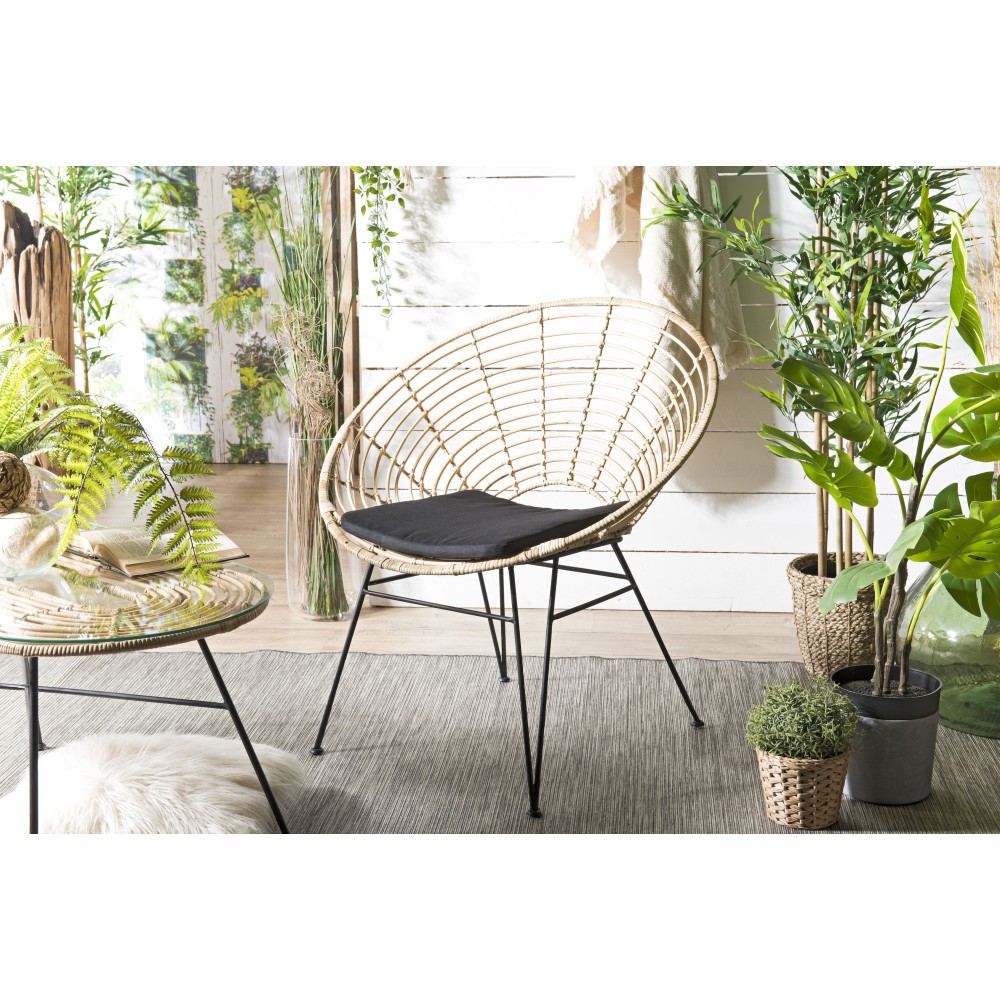CAMILLE - MANHATTAN Natural Rattan Armchair with Black Cushion and Metal Legs