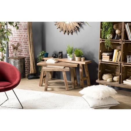 NORA - Set of 3 Nesting Benches Mahogany Wood - Vintage Style