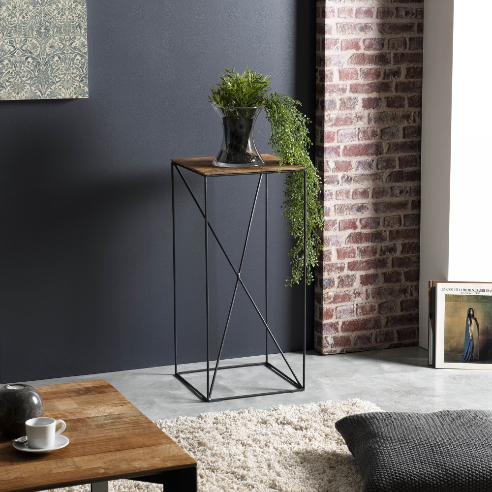 MAXENCE - Square Teak Recycled Wood Side Table 35x35cm Black Metal Leg MAXENCE - Square Teak Recycled Wood Side Table 35x35cm Black Metal Leg